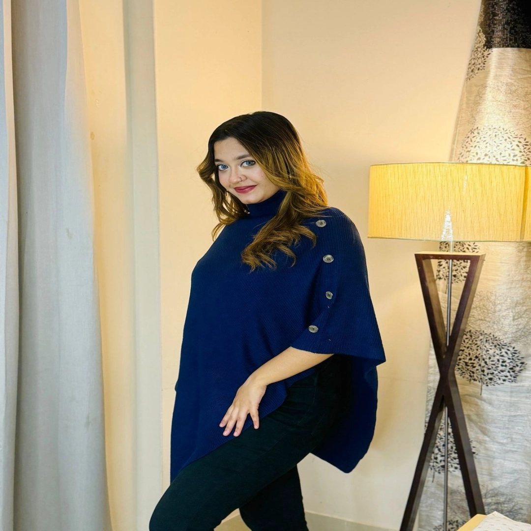 Navy Azure Buttoned Knit Poncho
