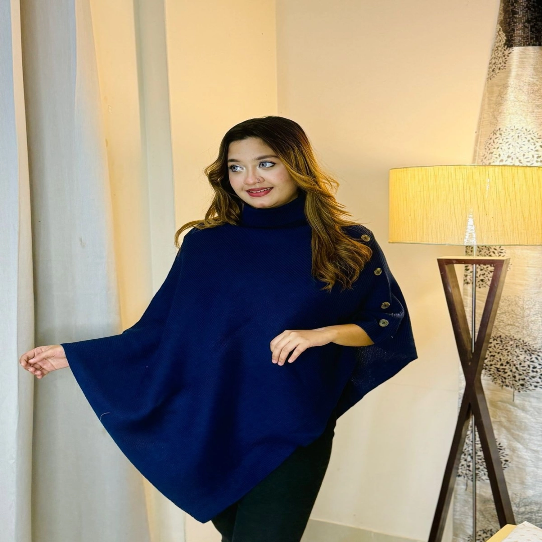 Navy Azure Buttoned Knit Poncho