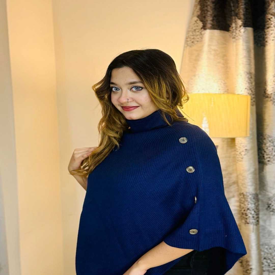 Navy Azure Buttoned Knit Poncho