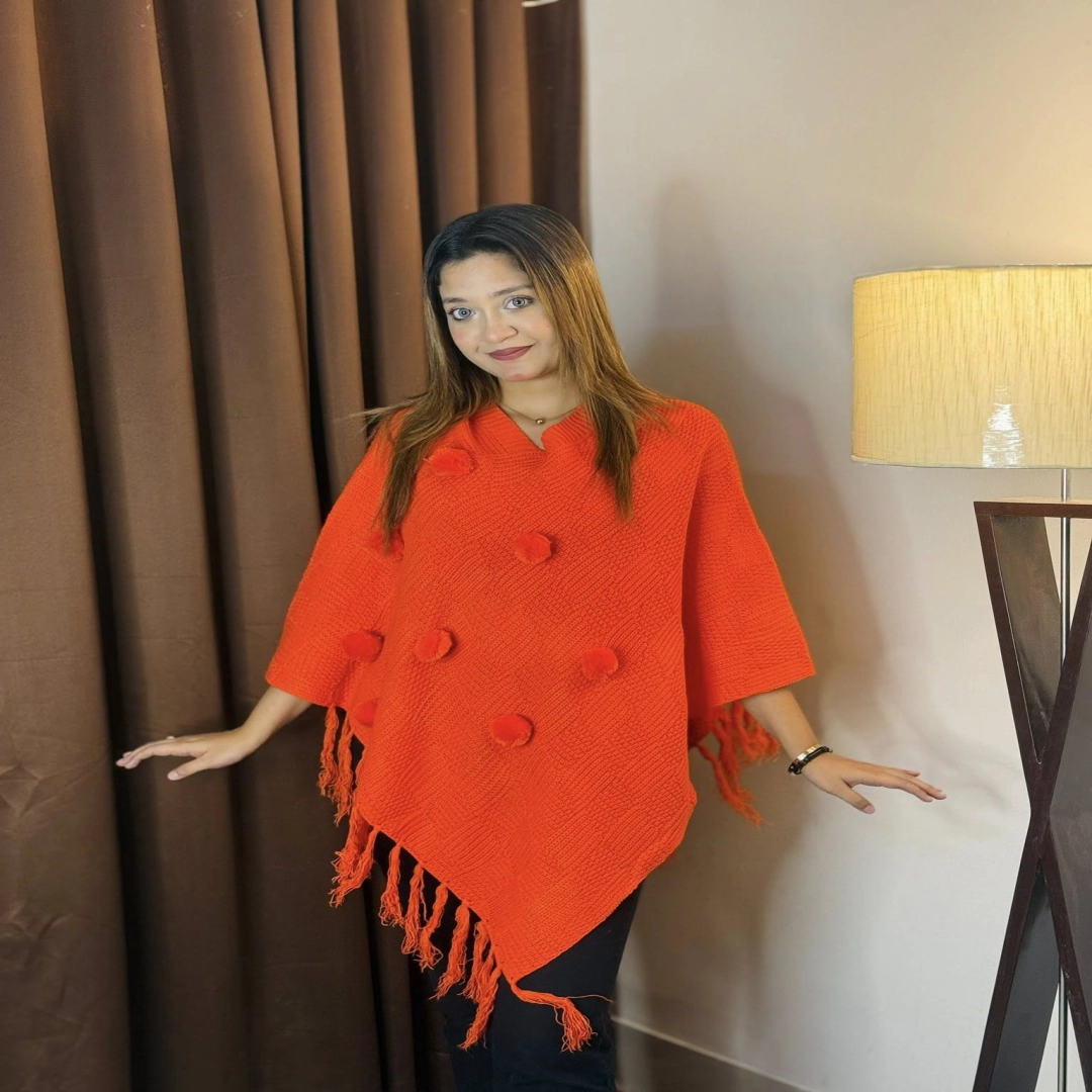 Zesty Orange Pom-Pom Knit Poncho
