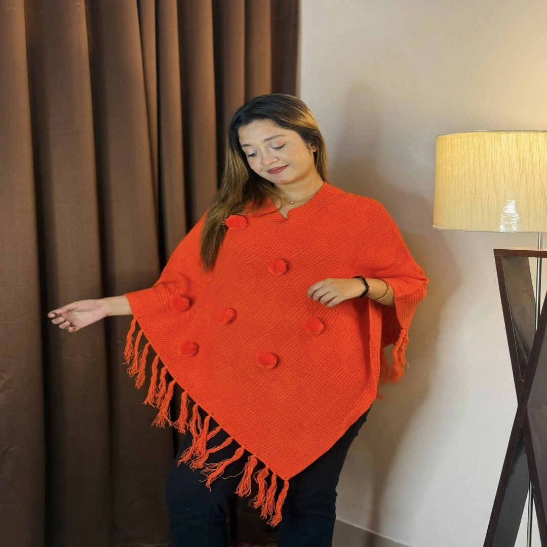 Zesty Orange Pom-Pom Knit Poncho