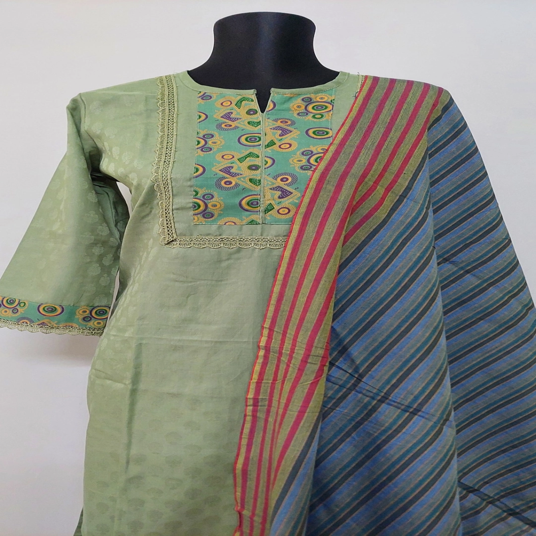 Sage Green Dotted Kurti with Abstract Yoke