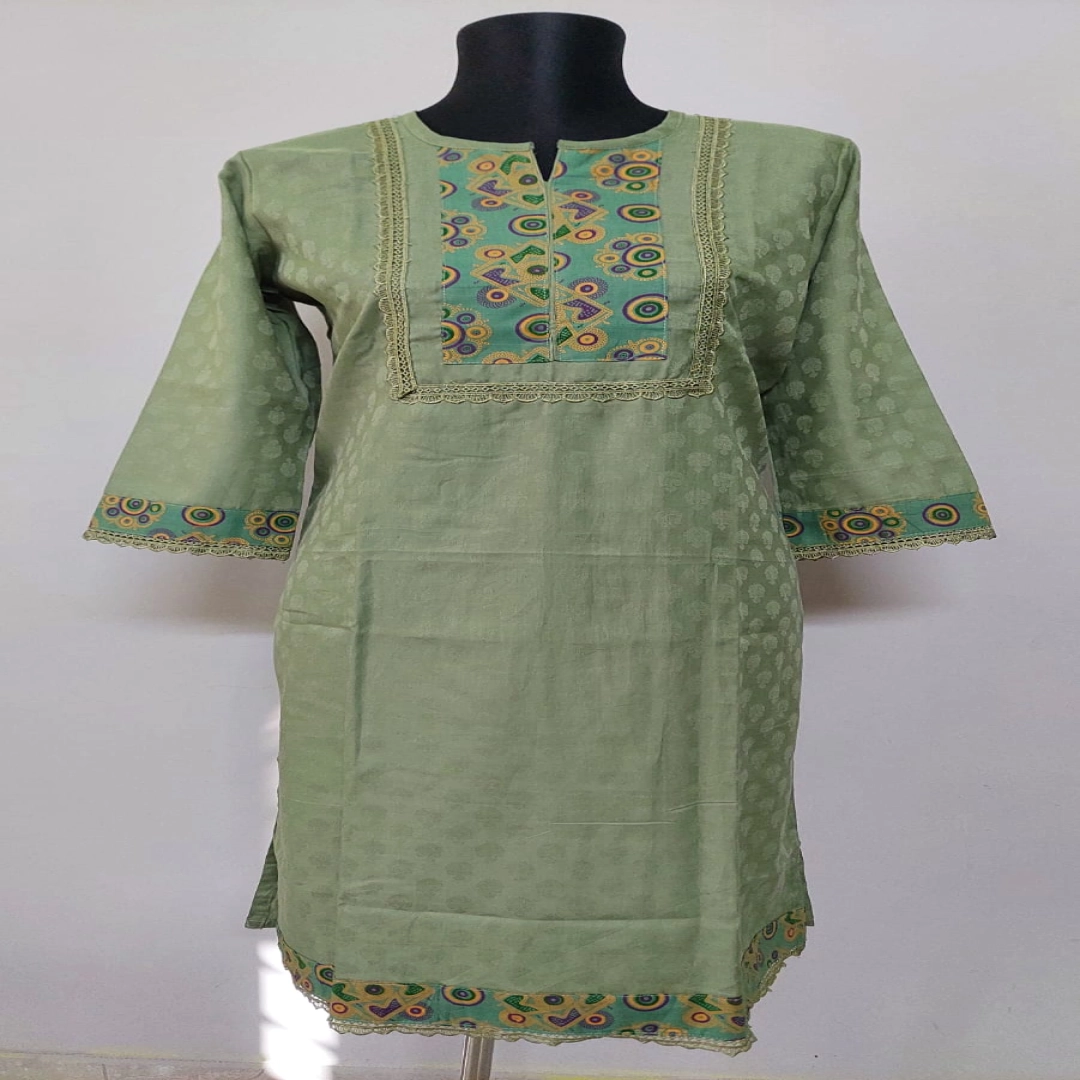 Sage Green Dotted Kurti with Abstract Yoke