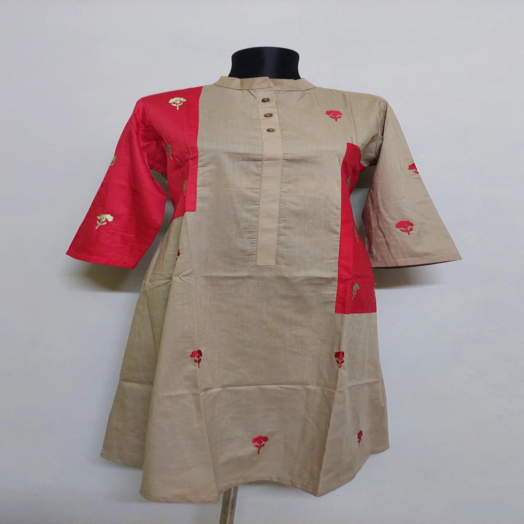Khaki & Scarlet Color-Block Embroidered Kurti