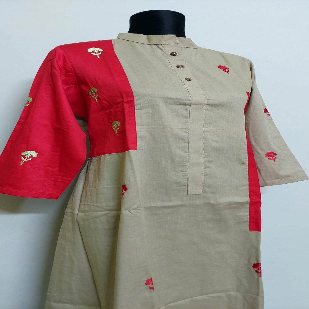 Khaki & Scarlet Color-Block Embroidered Kurti