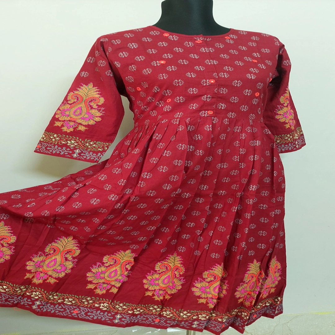 Maroon Motif Printed Pleated Kurti