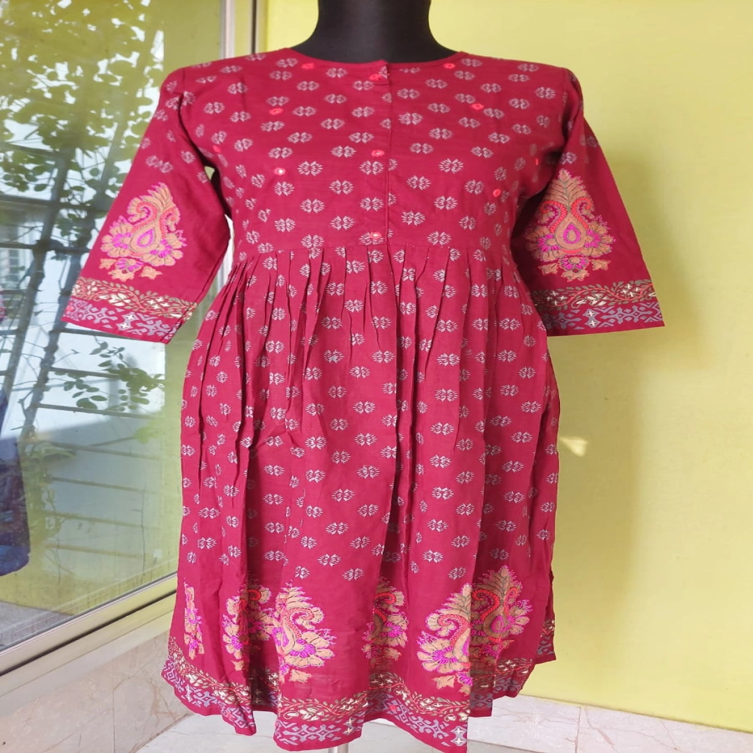 Maroon Motif Printed Pleated Kurti