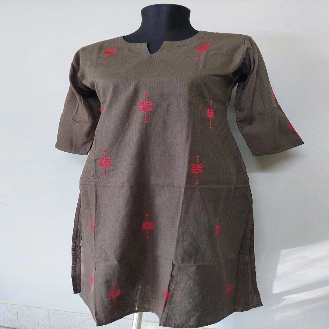 Textured Cocoa Kurti with Pink Vertical Embroidery