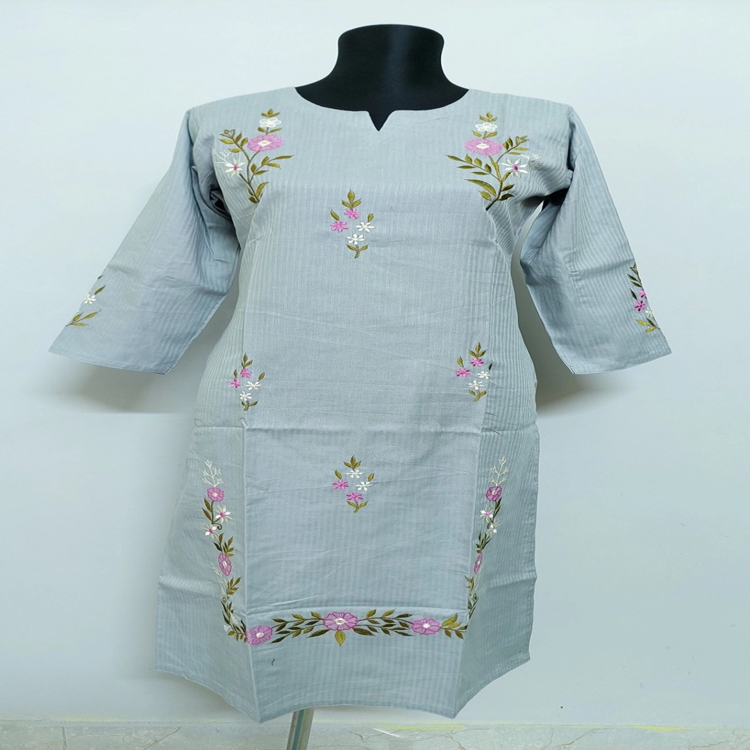 Serene Mist Kurti with Pink & White Embroidery
