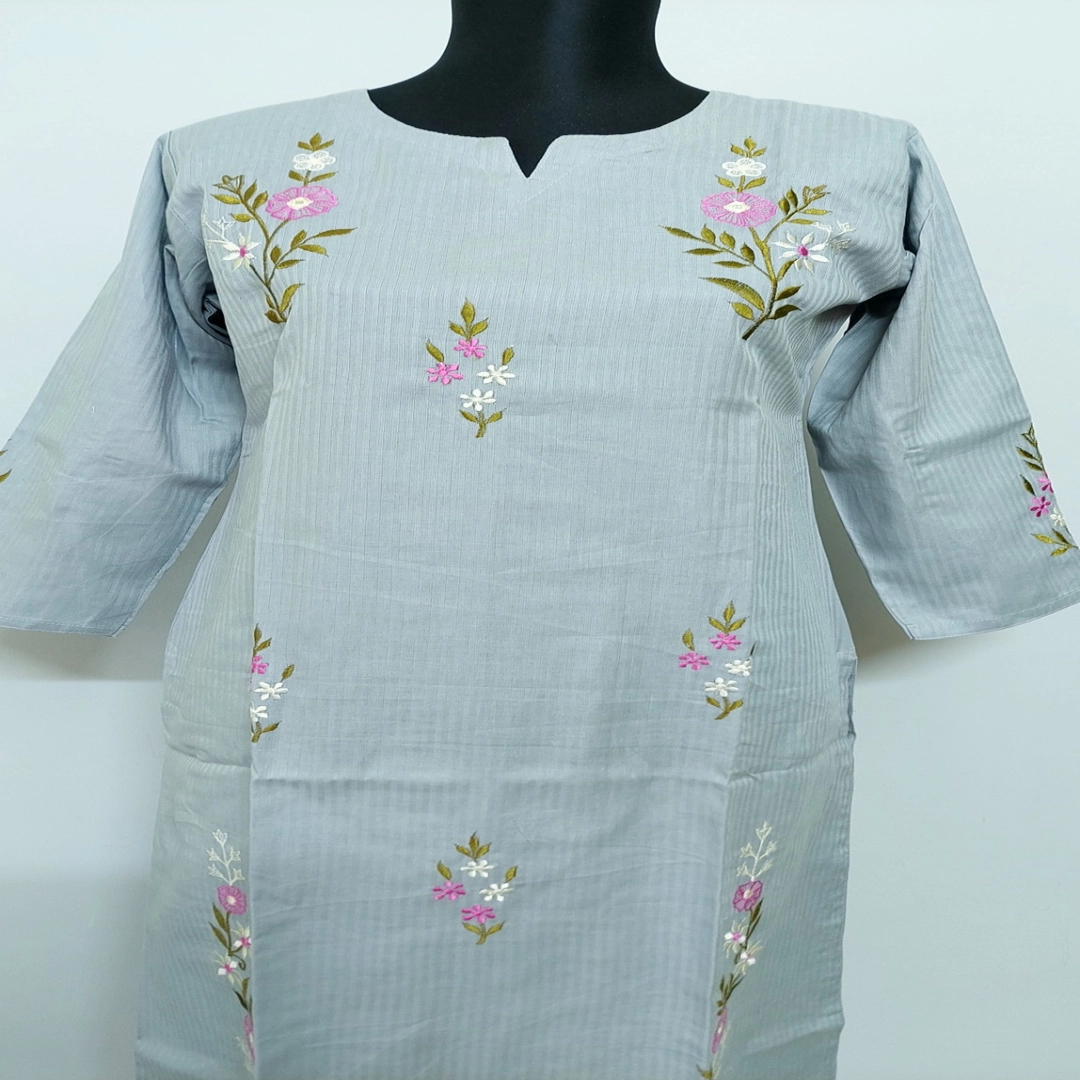 Serene Mist Kurti with Pink & White Embroidery
