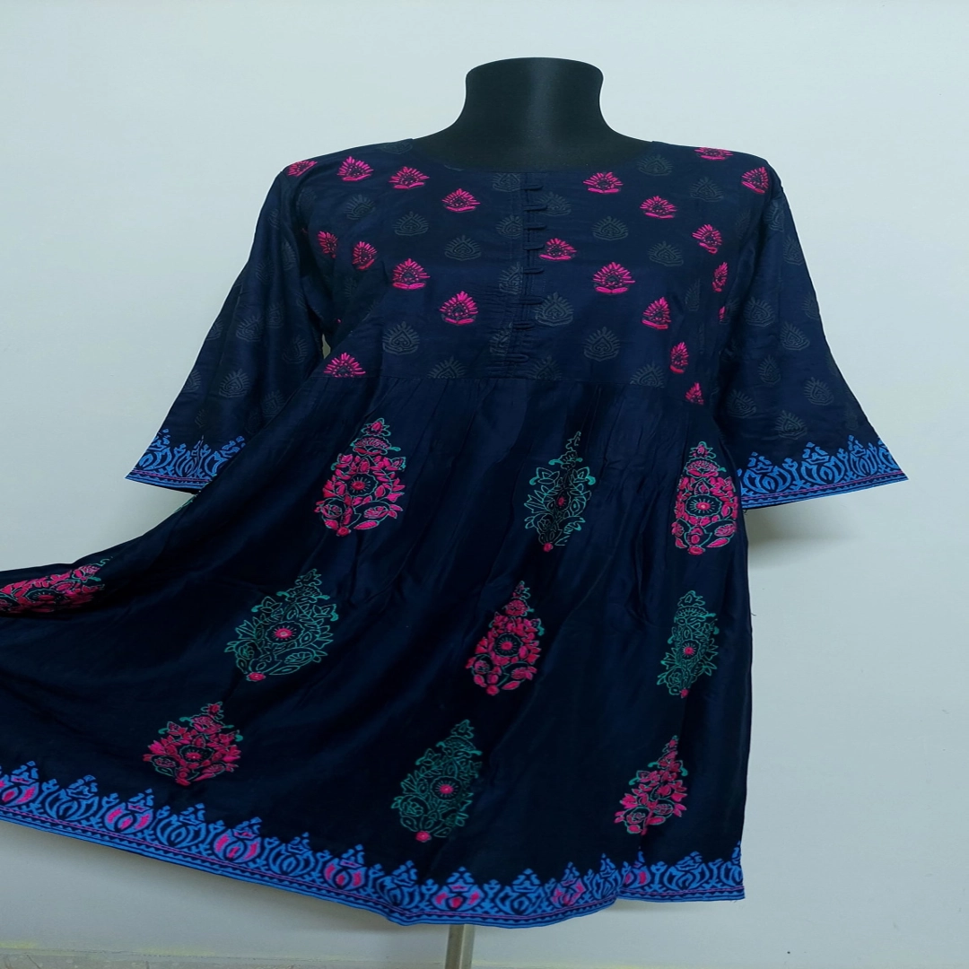 Navy Blue Flared Kurti with Pink & Teal Print
