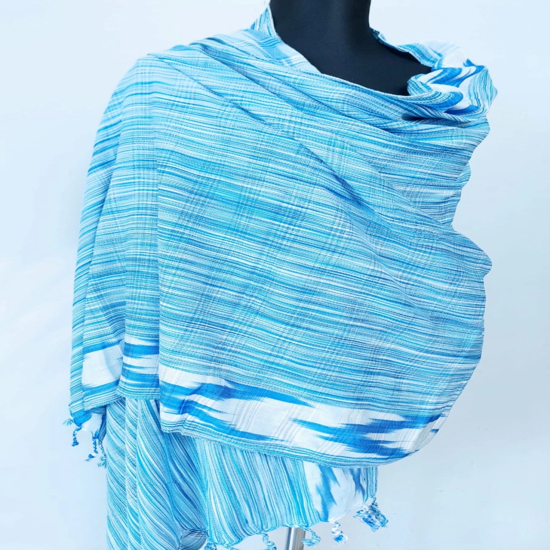 Aqua Blue Mélange Woven Shawl with Ikat Border