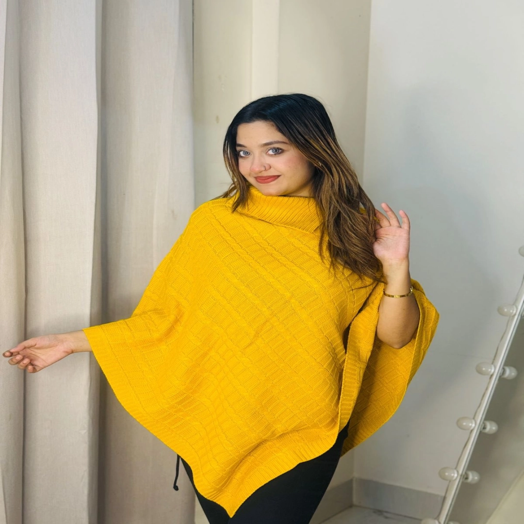 Sunny Yellow Knitted High-Neck Poncho