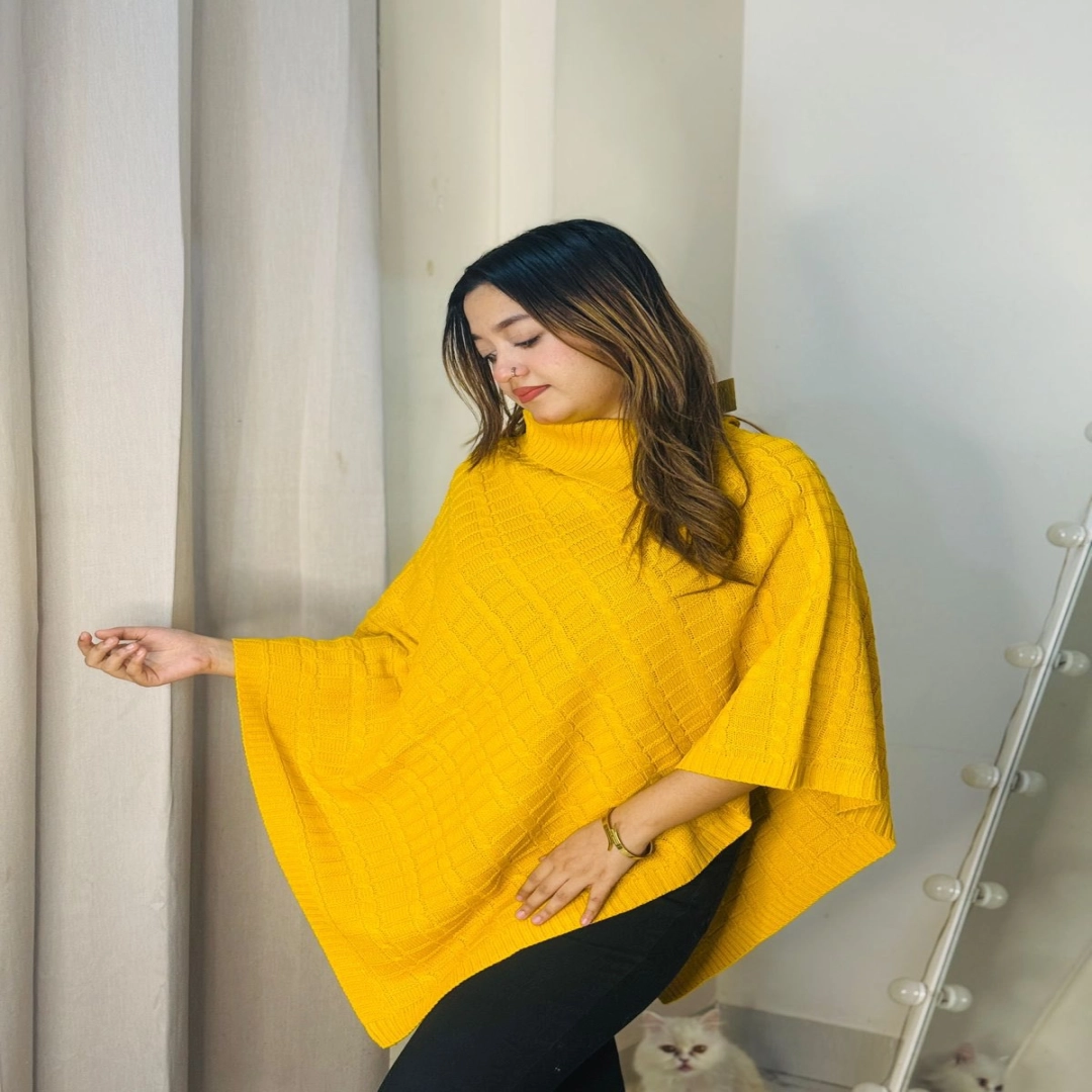 Sunny Yellow Knitted High-Neck Poncho