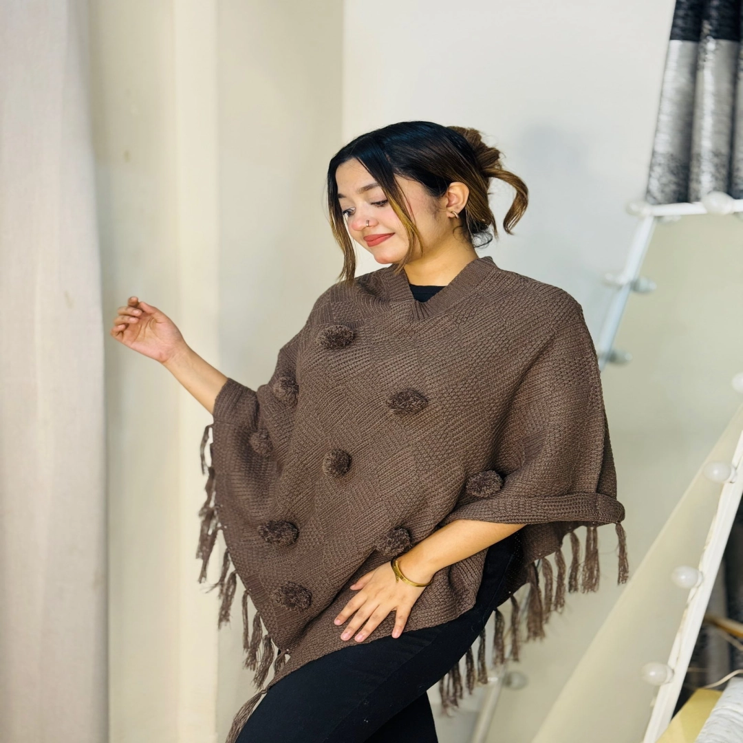 Cozy Brown Pom-Pom Fringe Poncho