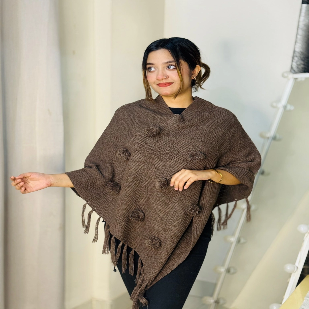 Cozy Brown Pom-Pom Fringe Poncho