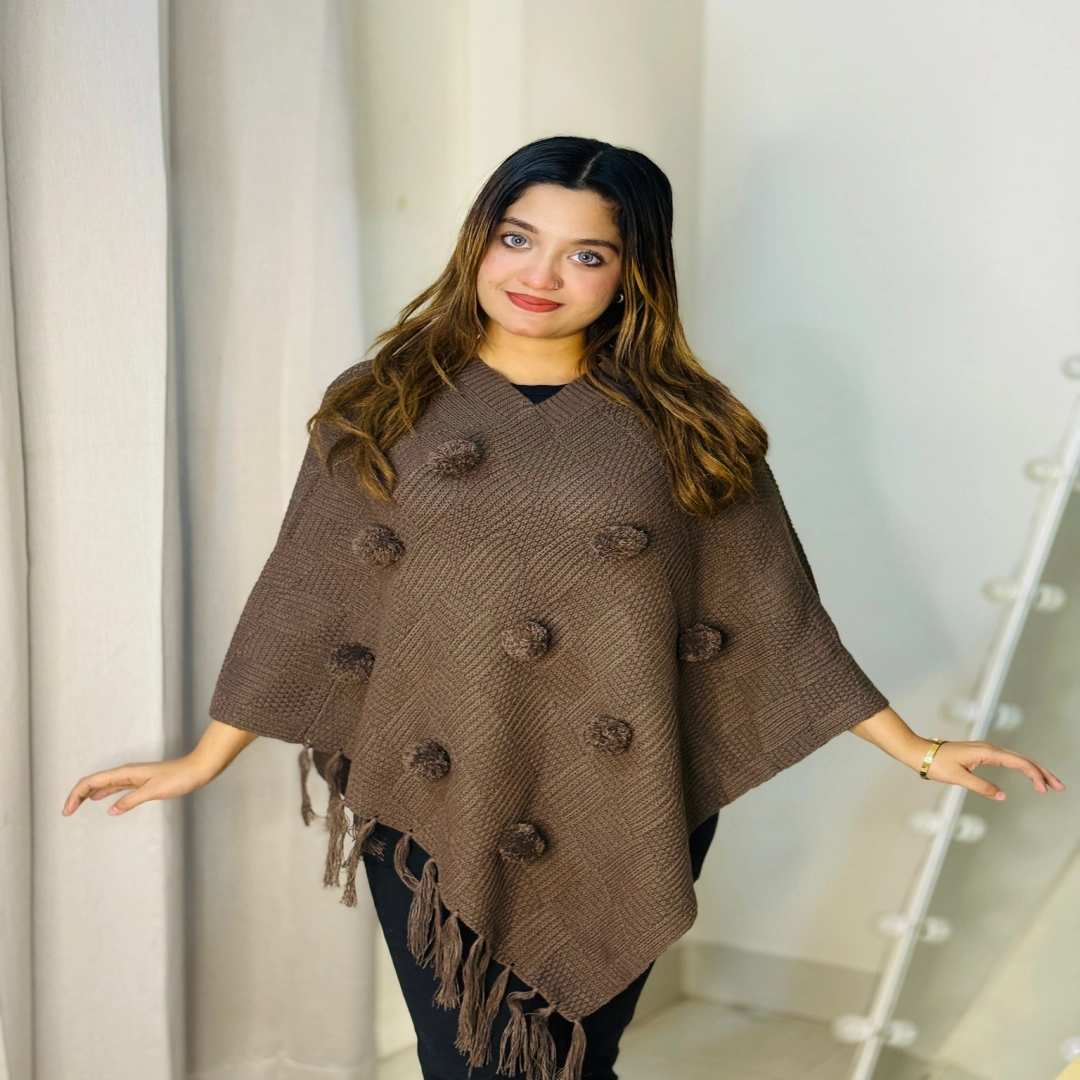 Cozy Brown Pom-Pom Fringe Poncho
