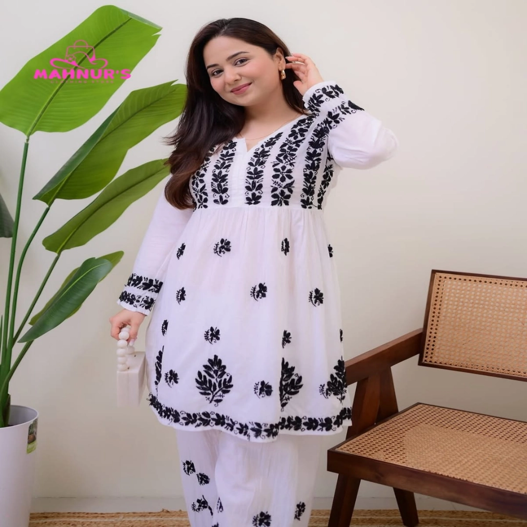 White & Black Heavy Embroidered Frock Set