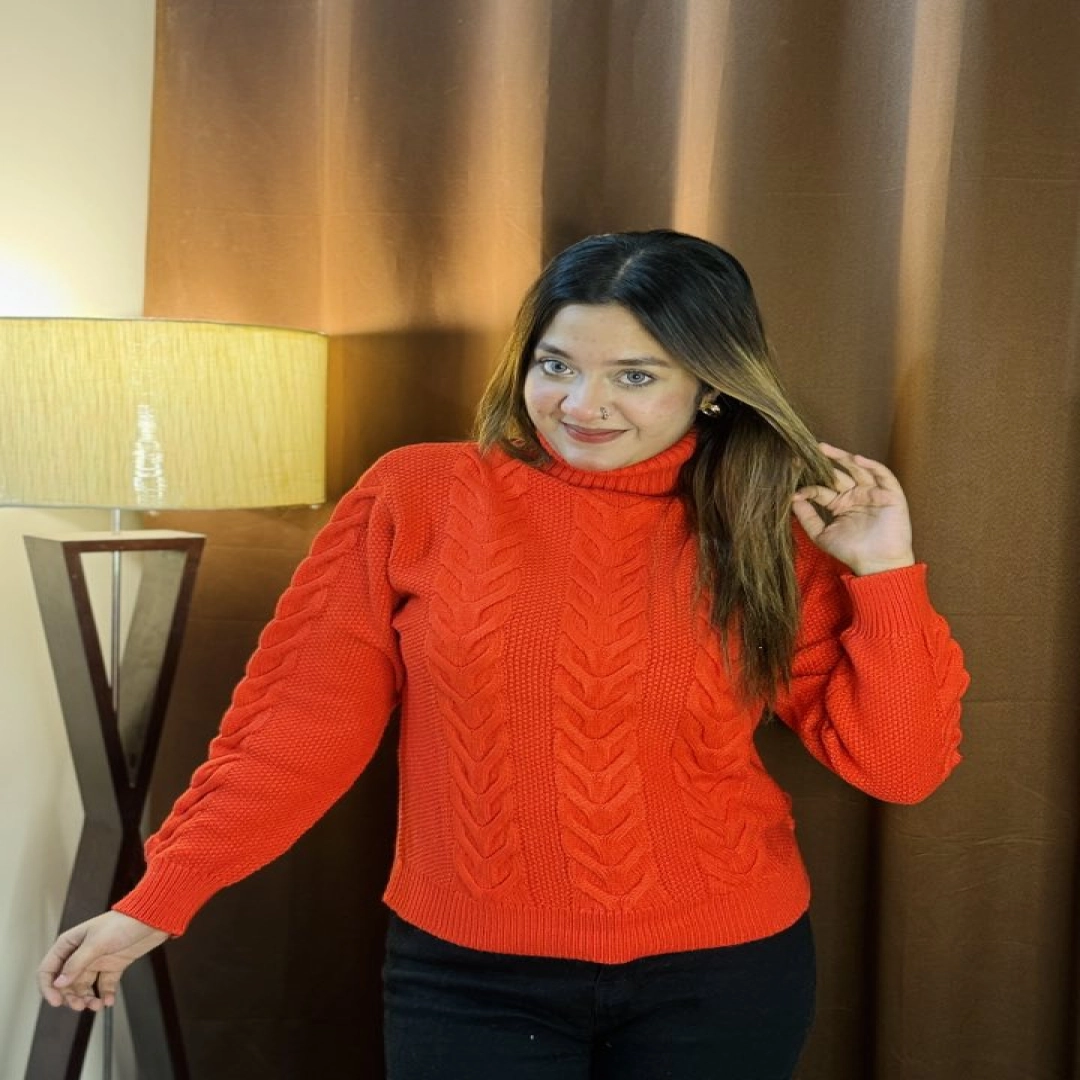 Rust Orange Cable Knit High-Neck Sweater