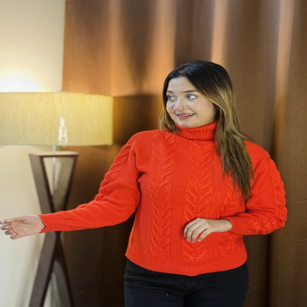 Rust Orange Cable Knit High-Neck Sweater