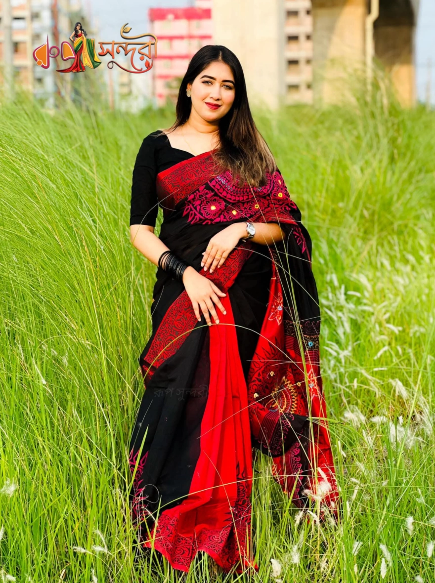 Handloom Black Cotton Sari with Deep Red Aari Embroidery and Print Work