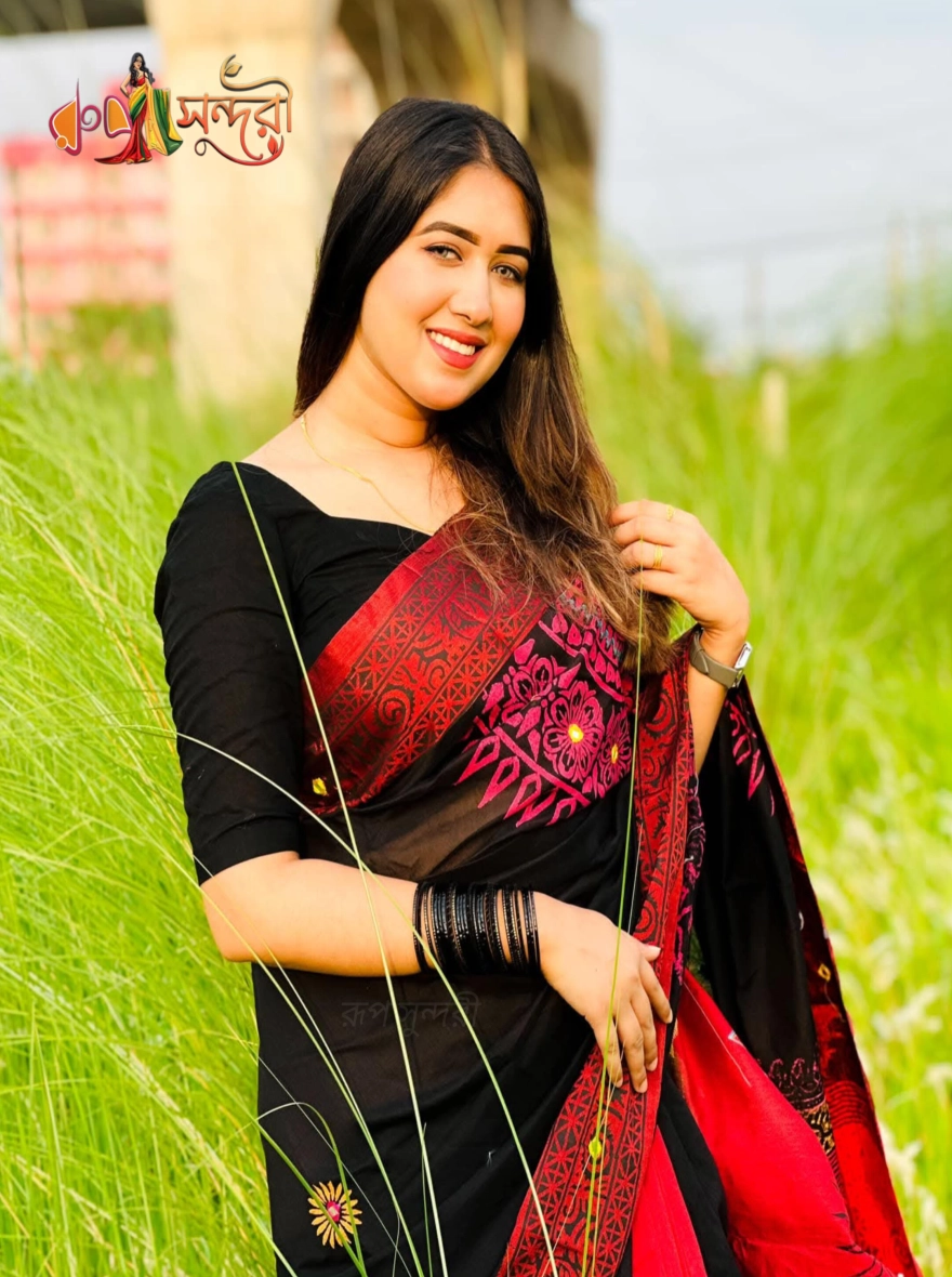 Handloom Black Cotton Sari with Deep Red Aari Embroidery and Print Work