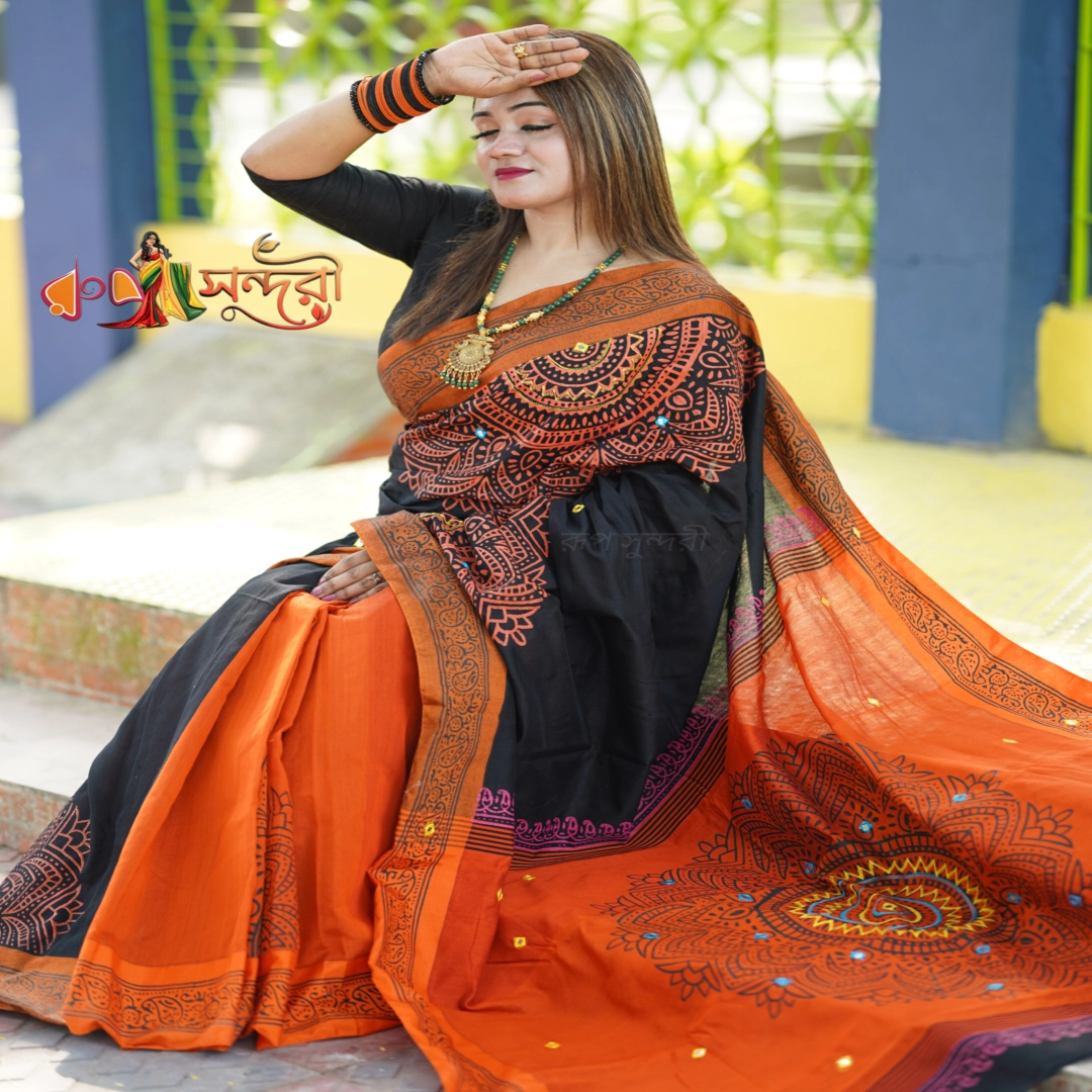 Hand-Woven Black Cotton Sari with Rust Orange Block Print Border