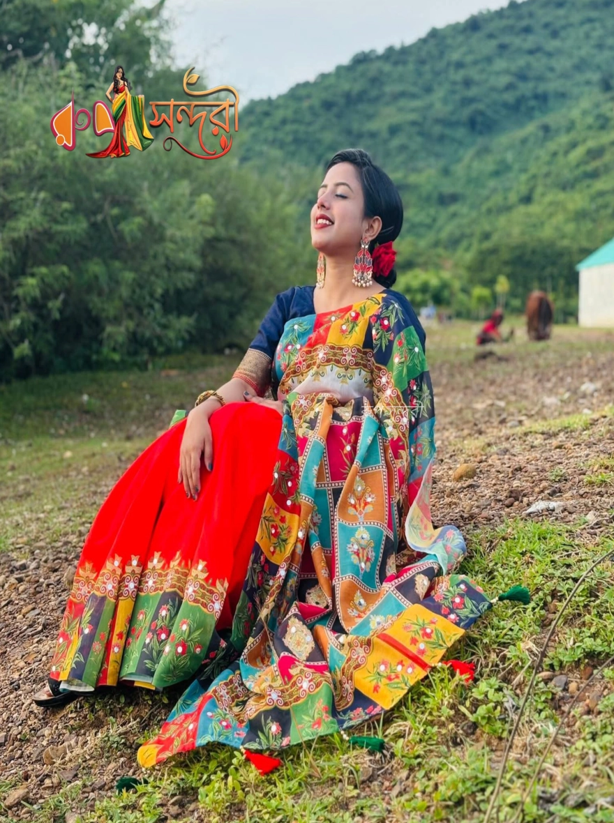 Festive Red Sari with Vibrant Multi-Color Patchwork and Mirror Work Anchal