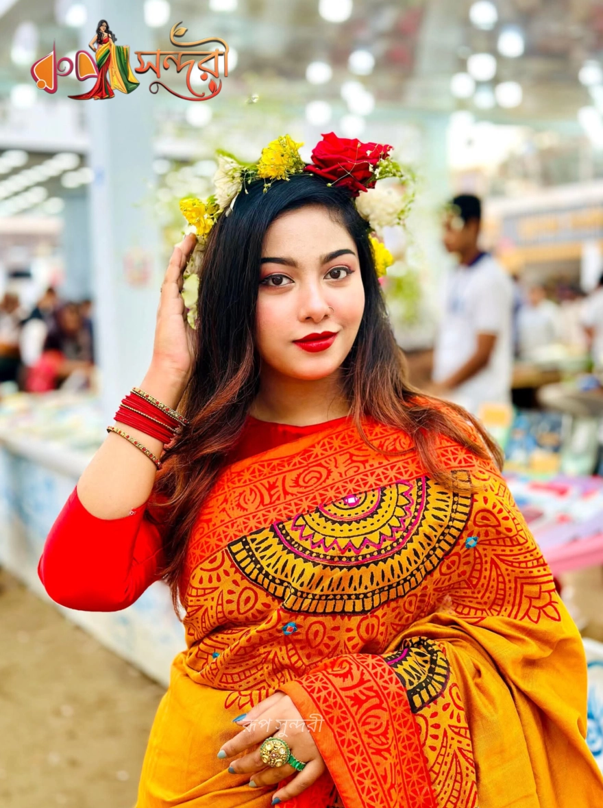 Basanti Yellow and Red Handloom Sari with Traditional Print and Mirror Work