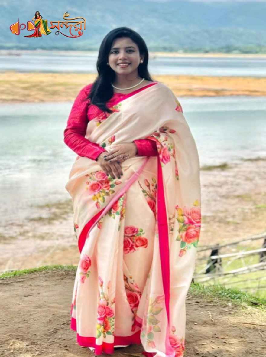 Elegant Off-White Silk Blend Sari with Vibrant Rose Floral Print