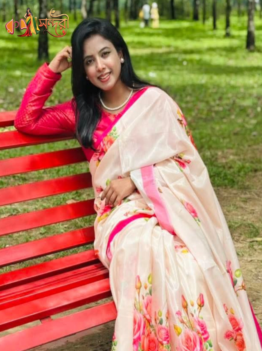 Elegant Off-White Silk Blend Sari with Vibrant Rose Floral Print