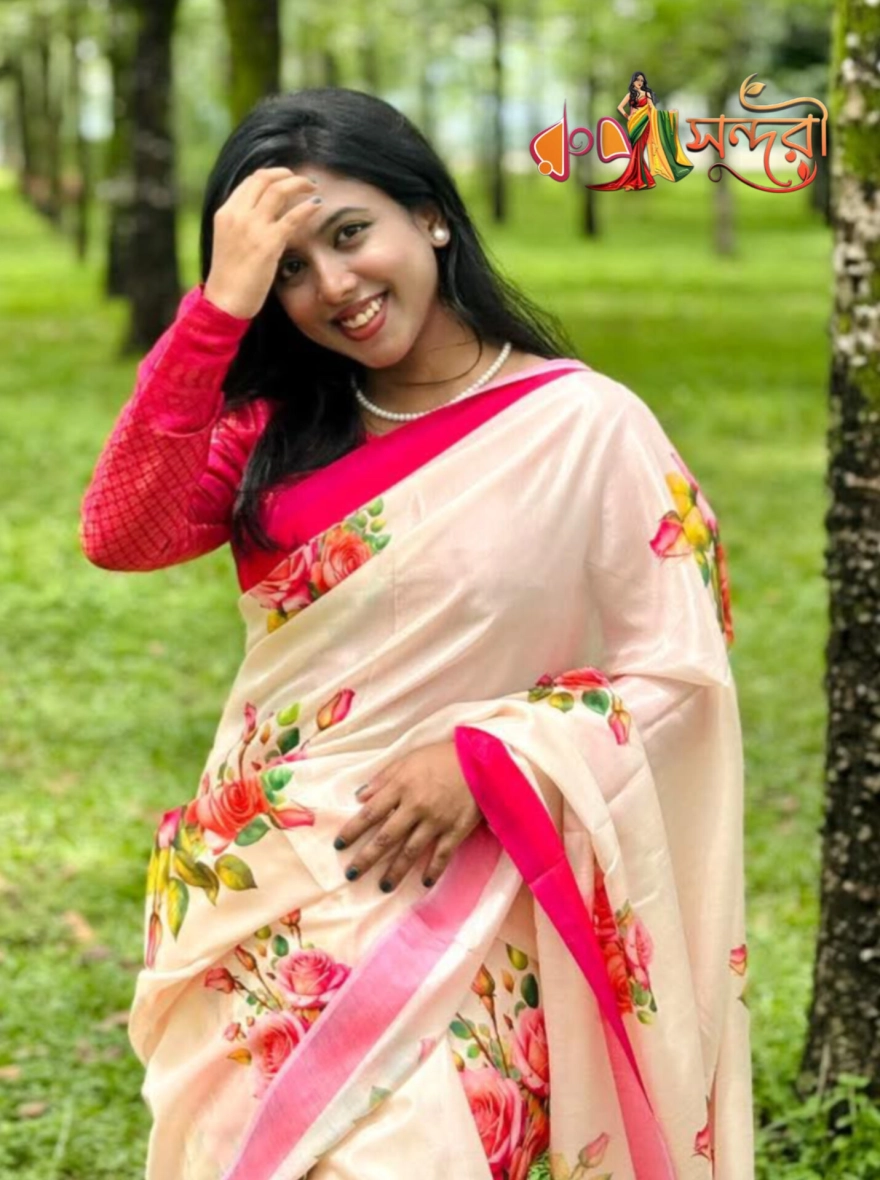 Elegant Off-White Silk Blend Sari with Vibrant Rose Floral Print