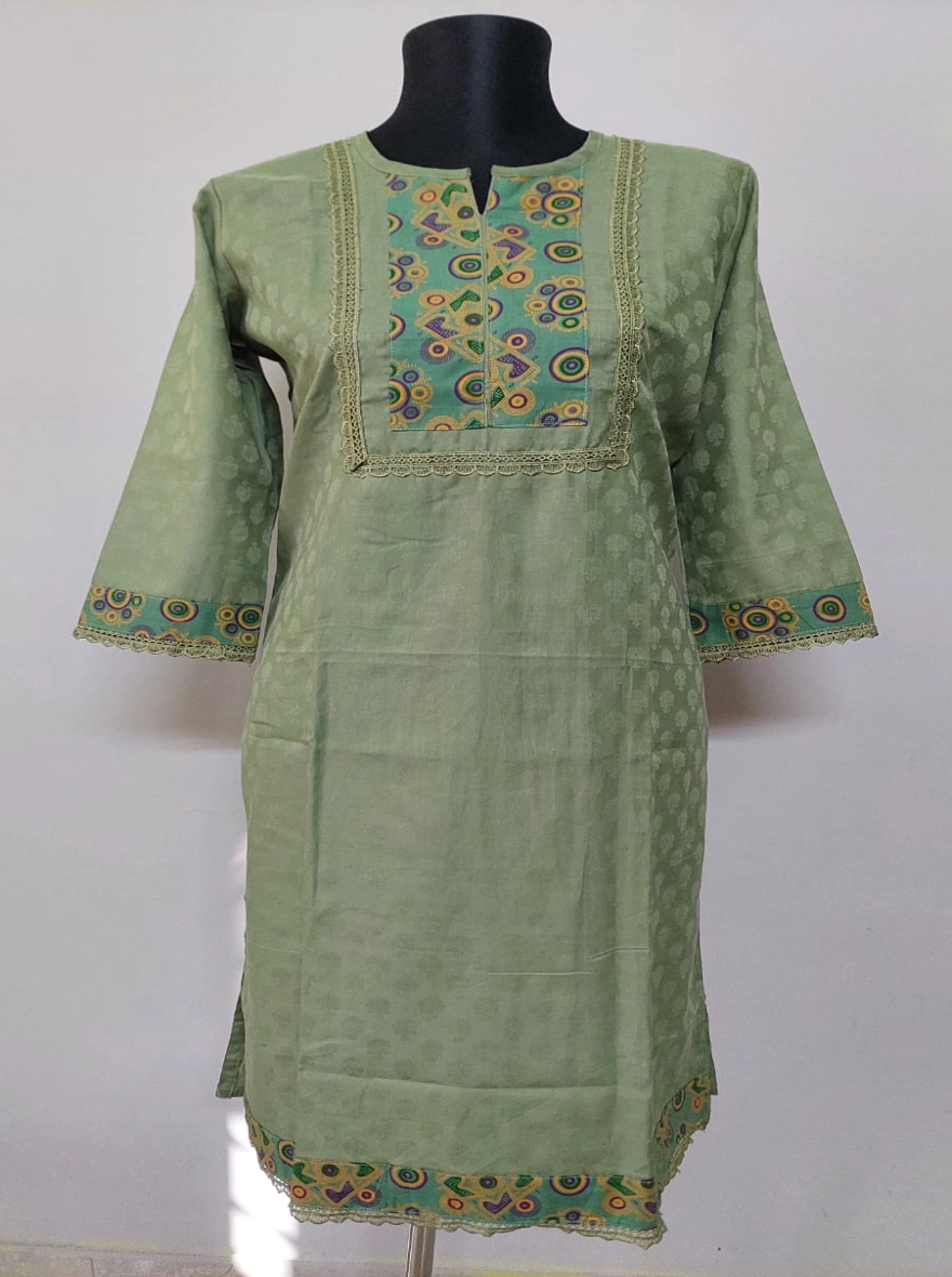 Sage Green Dotted Kurti with Abstract Yoke