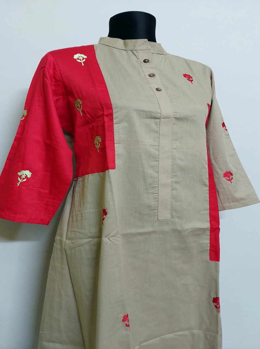 Khaki & Scarlet Color-Block Embroidered Kurti