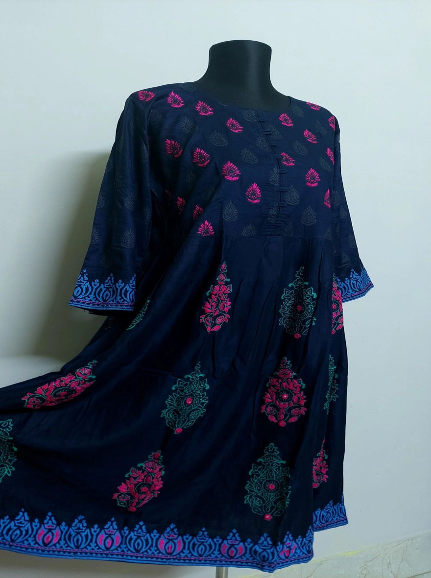 Navy Blue Flared Kurti with Pink & Teal Print