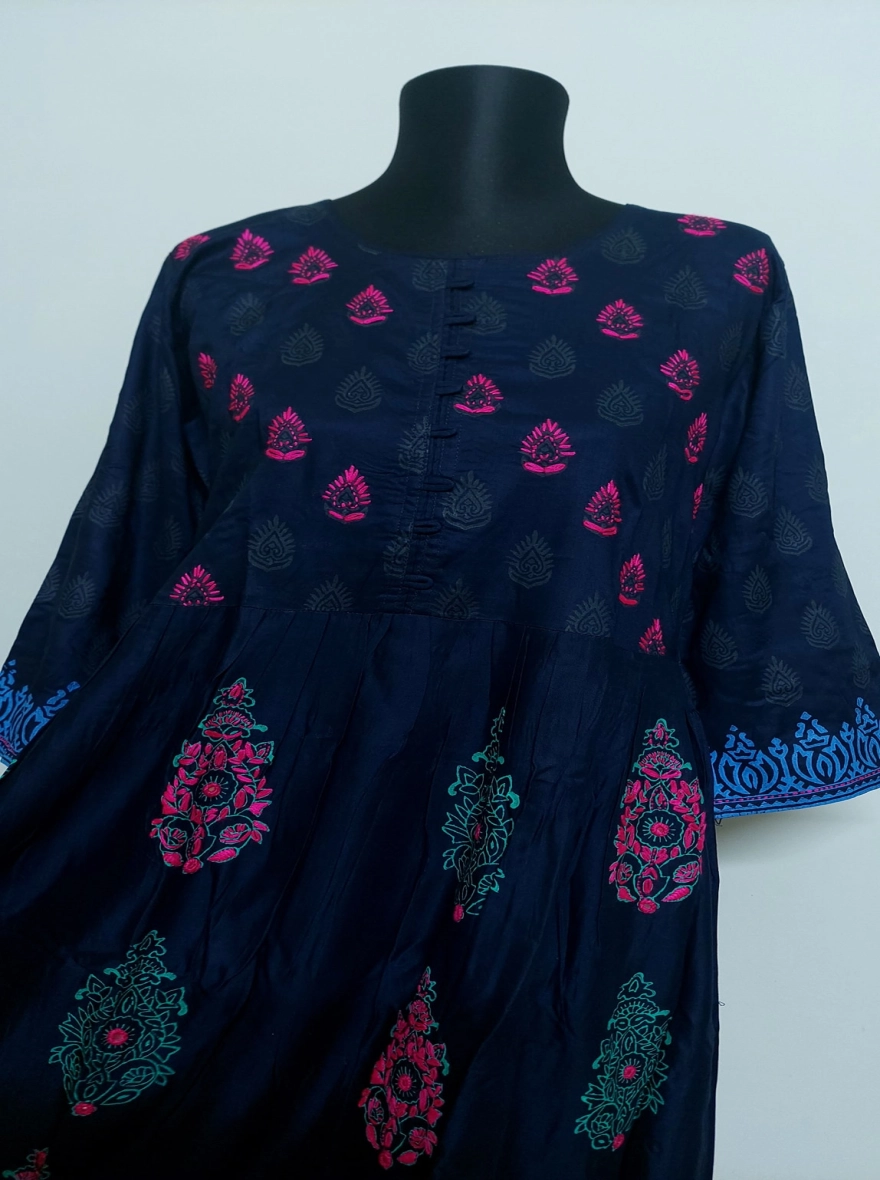 Navy Blue Flared Kurti with Pink & Teal Print