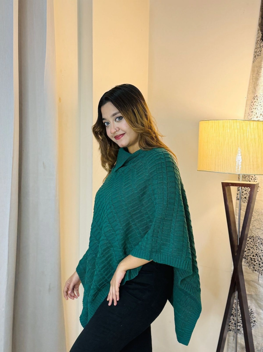 Textured Knit Cowl-Neck Winter Poncho Sweater