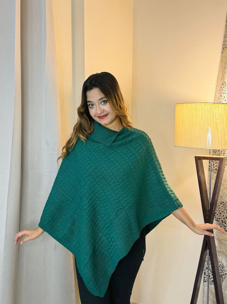 Textured Knit Cowl-Neck Winter Poncho Sweater