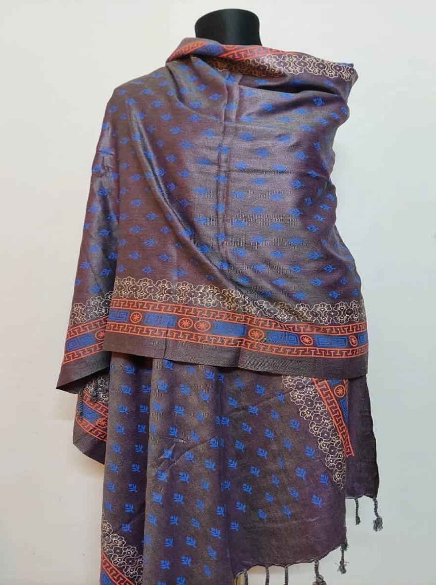 Luxurious Jacquard Pattern Shawl - Slate Grey with Blue & Orange