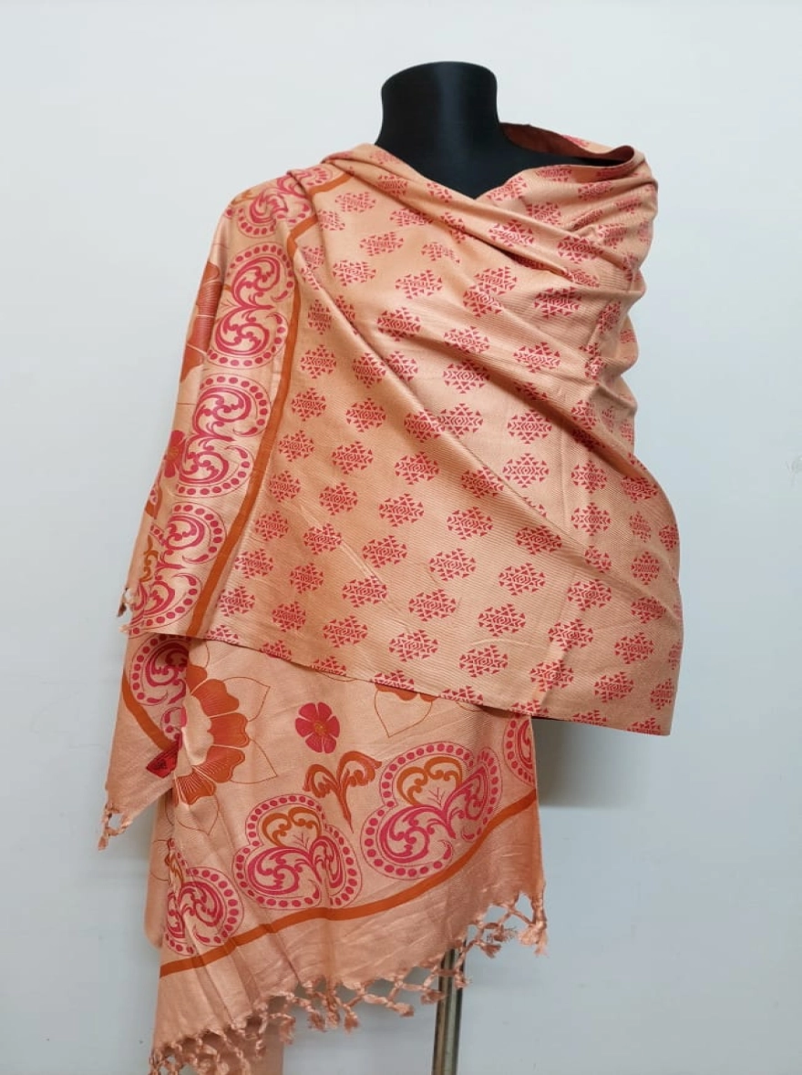 Handloom Blend Shawl with Coral Floral Motif Print