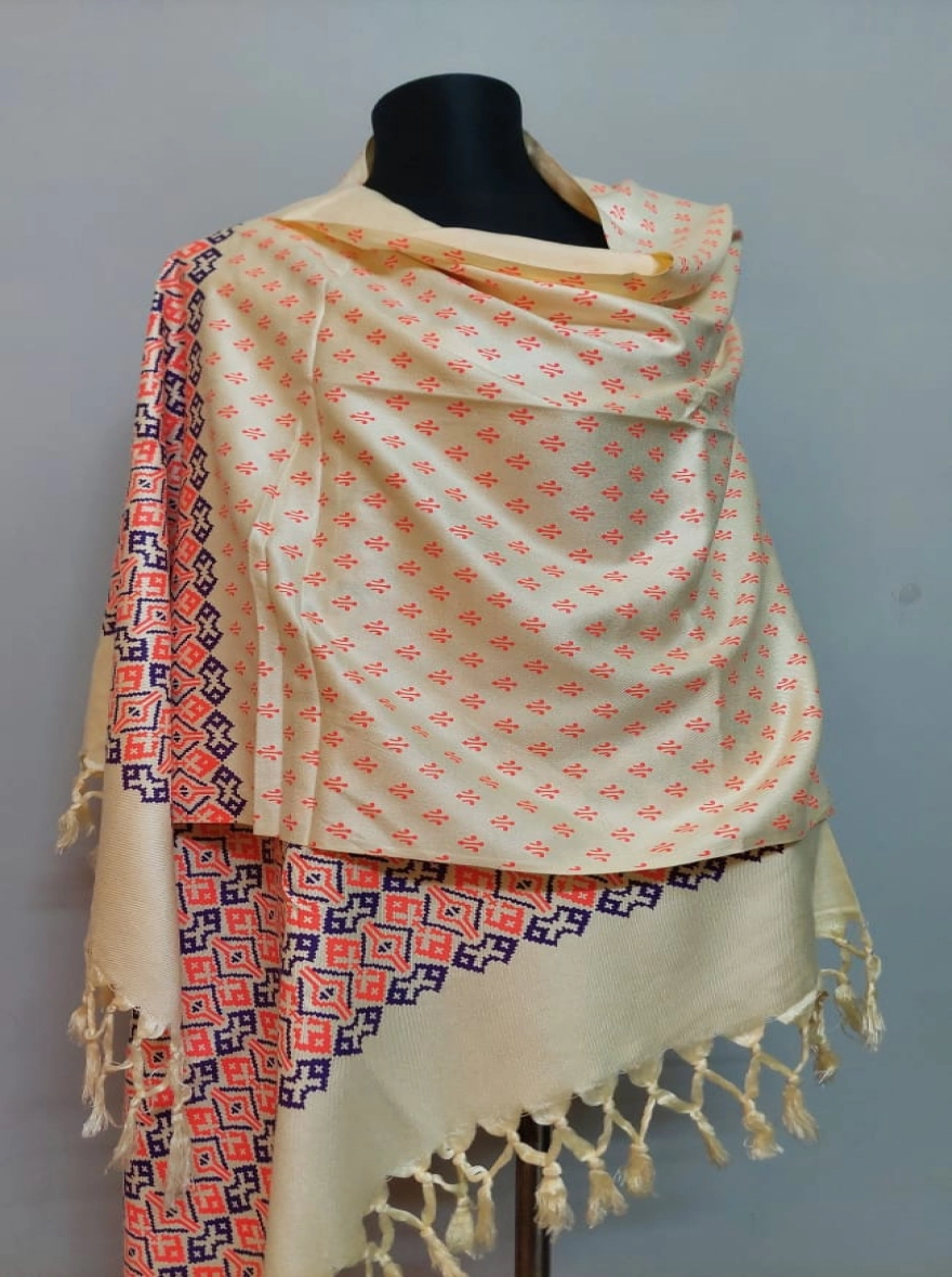 Luxury Silk Blend Shawl with Coral and Navy Geometric Motifs