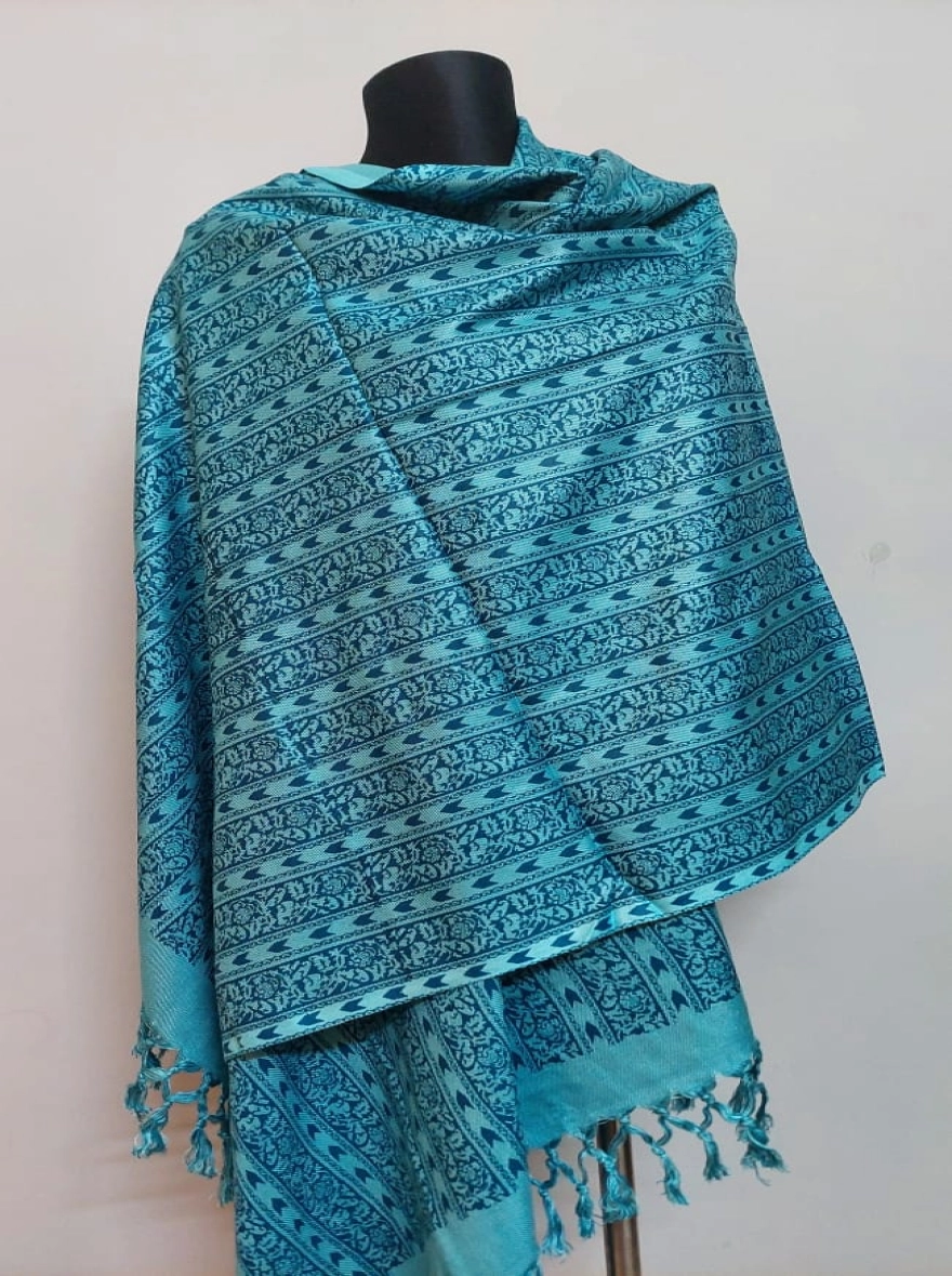 Aqua Blue Handloom Blend Shawl with Traditional Geometric Print