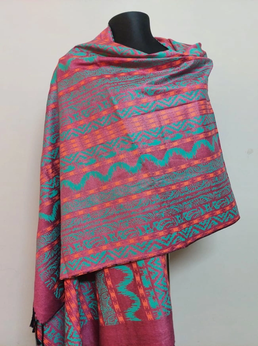 Festive Jacquard Shawl with Chevron and Paisley Motifs - Berry & Aqua