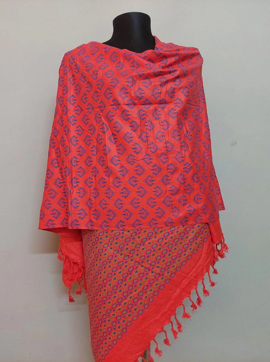 Handloom Shawl with Blue Floral and Geometric Print - Sunset Orange