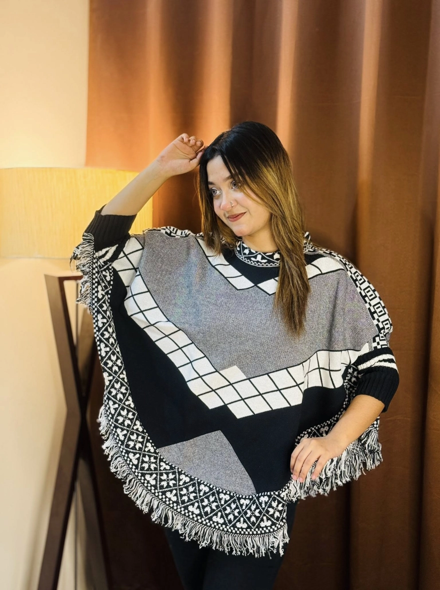 Black and White Geometric Poncho