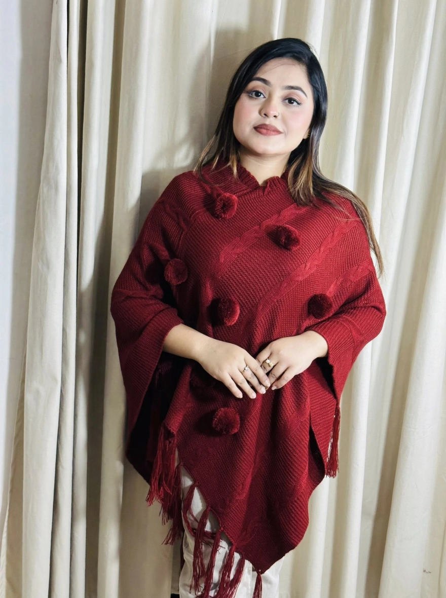Crimson Knitted Pom-Pom Poncho