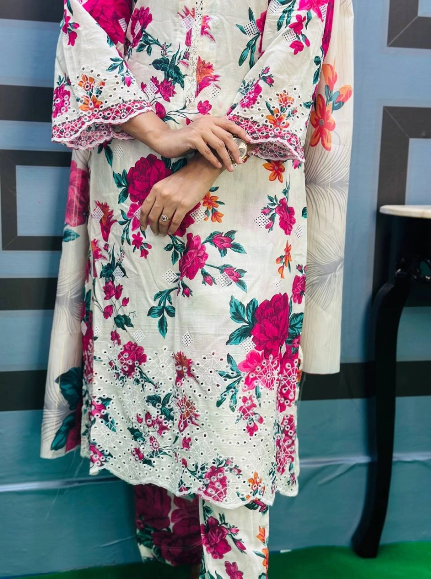 White & Fuchsia Floral Three-Piece Suit