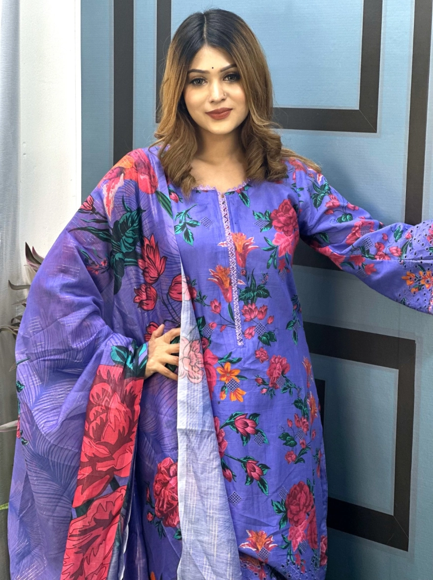 Azure Blue Embroidered Three-Piece Cotton Set