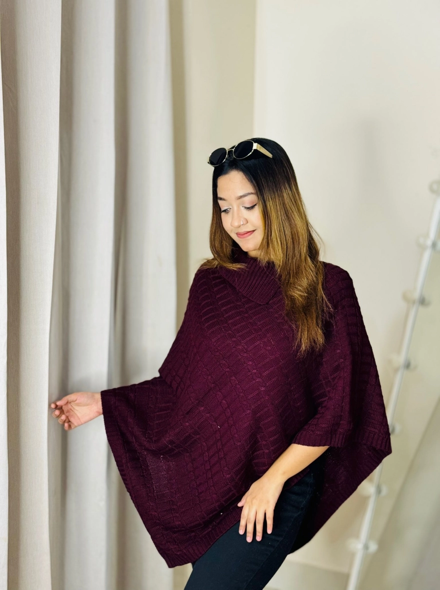 Deep Maroon Cable Knit Turtleneck Poncho