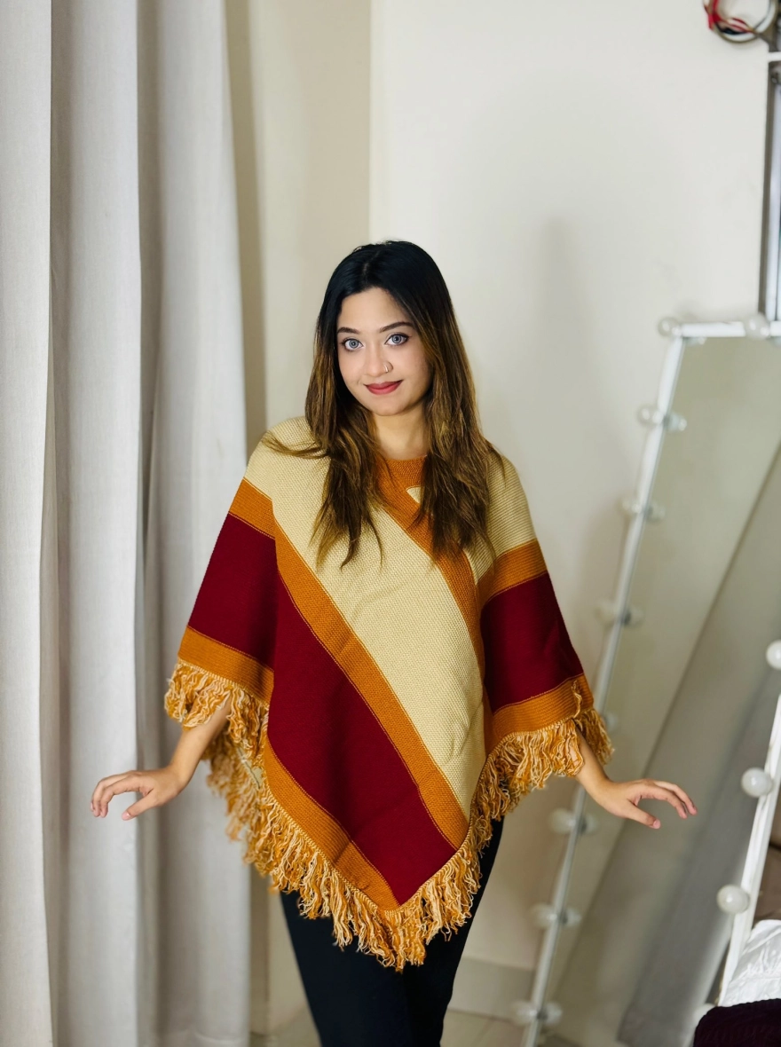 Striped Knit Poncho with Fringe